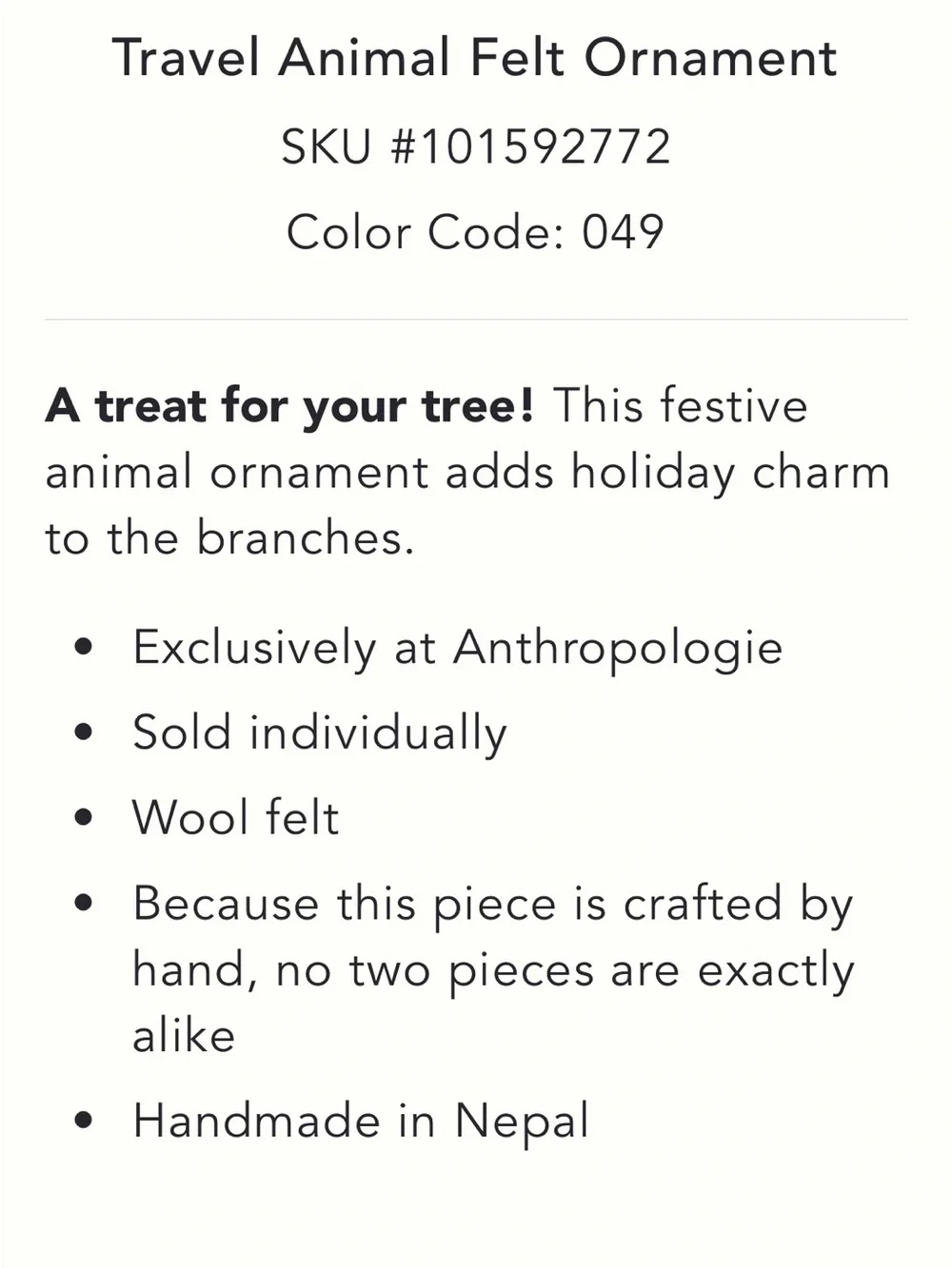 ANTHROPOLOGIE➕NYC Cat Travel Felt Ornament NWT